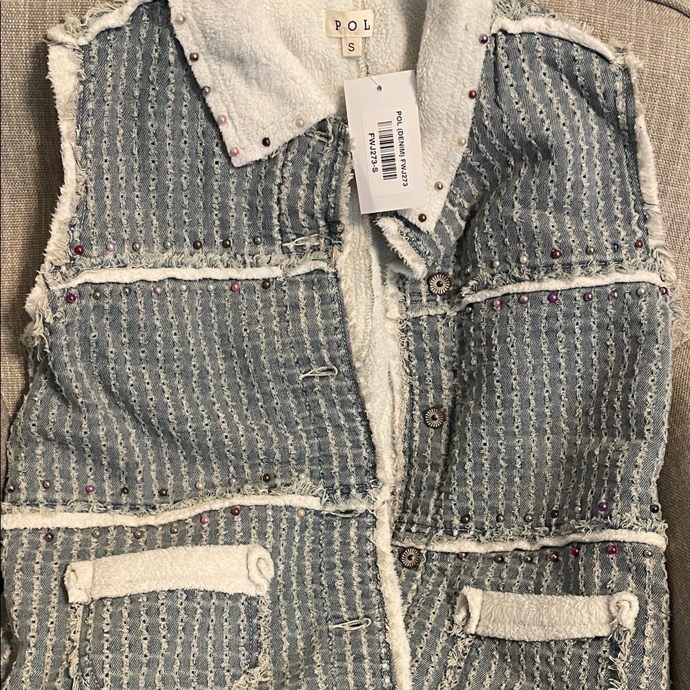 POL Blue and White Striped Denim Vest